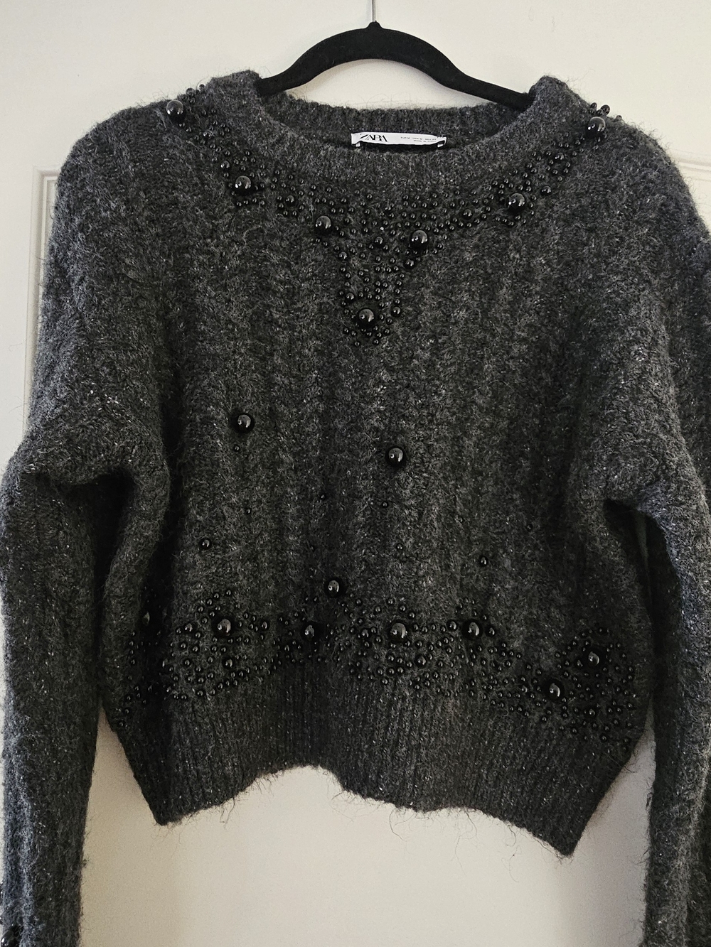 Zara Dark Gray Beaded Crewneck Sweater